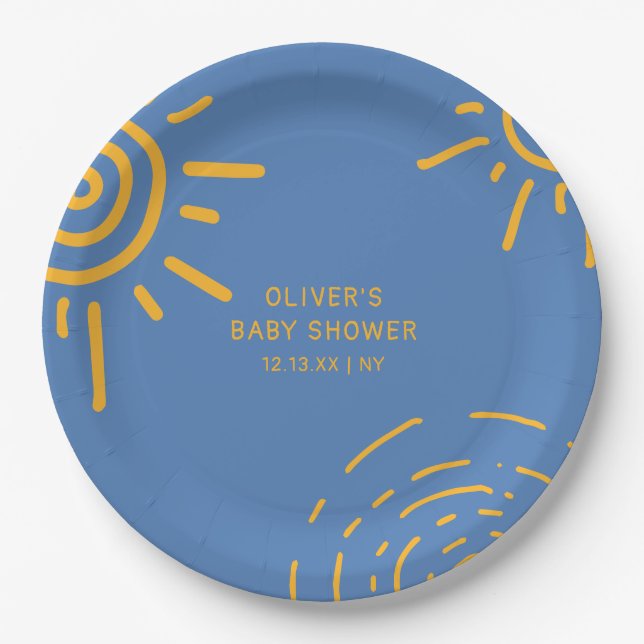 Blue Yellow Retro Ray Of Sunshine Baby Shower Paper Plate (Front)