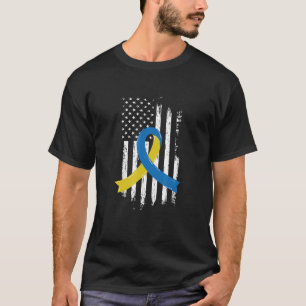 Blue Yellow Ribbon US Flag Down Syndrome Awareness T-Shirt