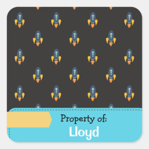 Blue Yellow Rocket Space Pattern Personalised Square Sticker