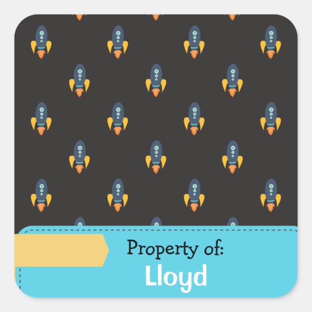 Blue Yellow Rocket Space Pattern Personalised Square Sticker (Front)