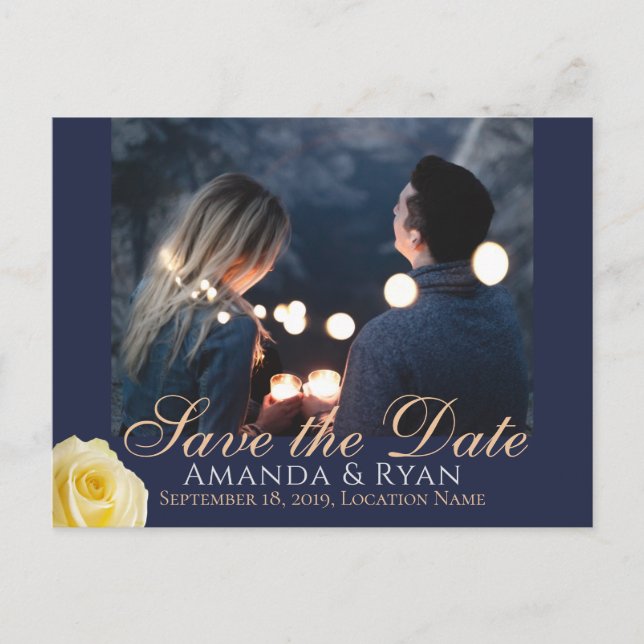 Blue Yellow Rose Photo Wedding Save the Date Announcement Postcard (Front)