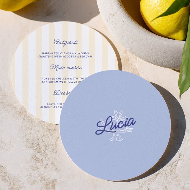 Blue & Yellow Round Wedding Place Card & Menu  (Blue & Yellow Round Wedding Place Card & Menu)
