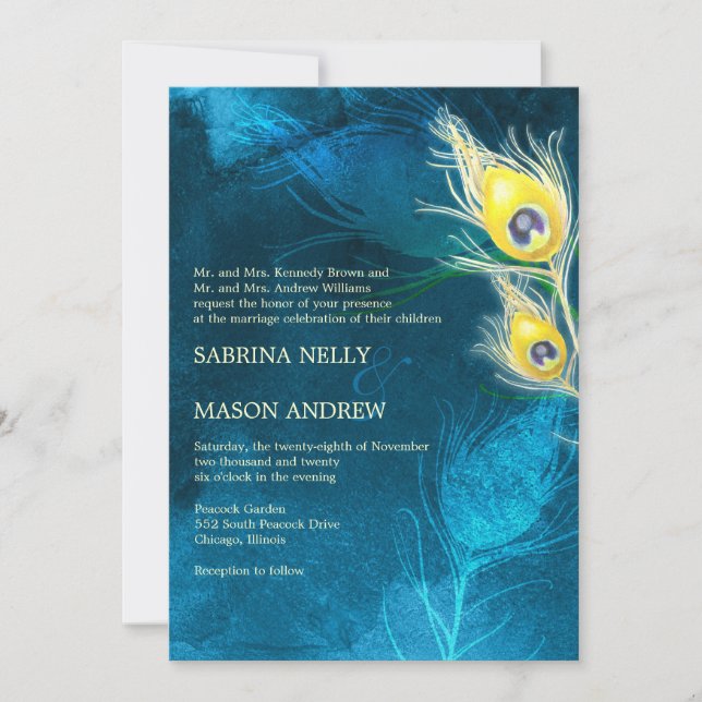 Blue & Yellow Rustic Peacock Wedding Invitation (Front)