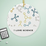 Blue Yellow Science Chemistry Molecules Christmas  Ceramic Tree Decoration<br><div class="desc">Christmas ornament for science lovers. The background is a pattern of molecules in grey,  blue and yellow colours. Perfect gift for science students,  biologist,  chemists,  researchers and technicians. The sentiment reads "I love science" but you can change it for your own custom message.</div>
