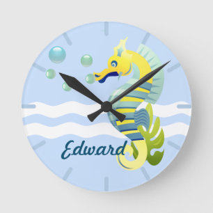 Blue & Yellow Seahorse Round Clock
