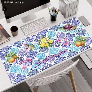 Blue Yellow Sicilian Floral Azulejo Tiles Desk Mat