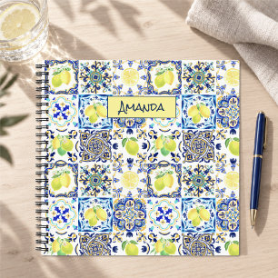 Blue Yellow Sicilian Majolica Citrus Garden Tile Notebook