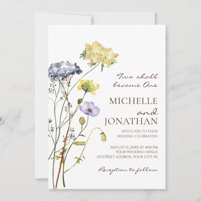 Blue Yellow Simple Wildflowers Christian Wedding  Invitation (Front)