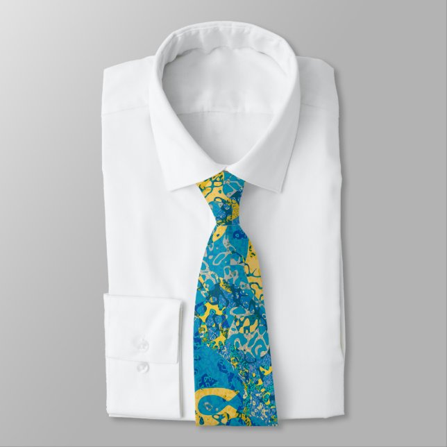 Blue & Yellow Spotted Graphic Abstraction Tie (Tied)