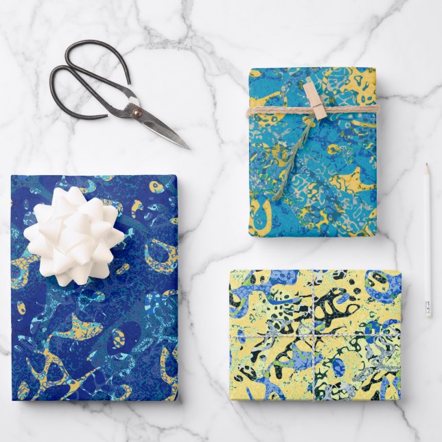 Blue & Yellow Spotted Graphic Abstraction Wrapping Paper Sheet (Front)