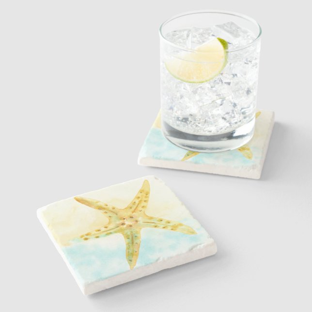 Blue Yellow Starfish Watercolor Stone Coaster (Side)