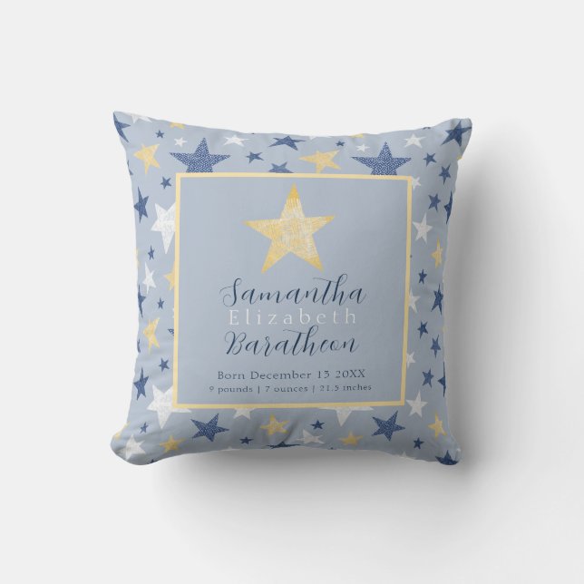 Blue Yellow Stars Personalised Baby Birth Stat Cushion (Front)