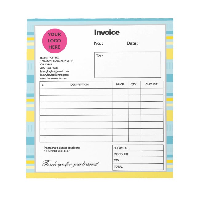 Blue Yellow Stripe Company Business Shop Invoice Notepad (Front)