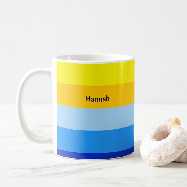 Blue Yellow Stripe Pattern Summer Personalised Coffee Mug (With Donut)