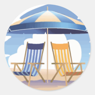 Blue & Yellow Striped Beach Chairs & Umbrella Classic Round Sticker