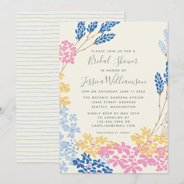 Blue Yellow Summer Flower Wreath Bridal Shower Inv Invitation (Front/Back)