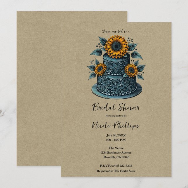 Blue & Yellow Sunflower Tier Cake Bridal Shower Invitation (Front/Back)