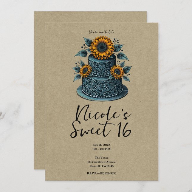 Blue Yellow Sunflower Tier Cake Sweet 16 Birthday Invitation (Front/Back)