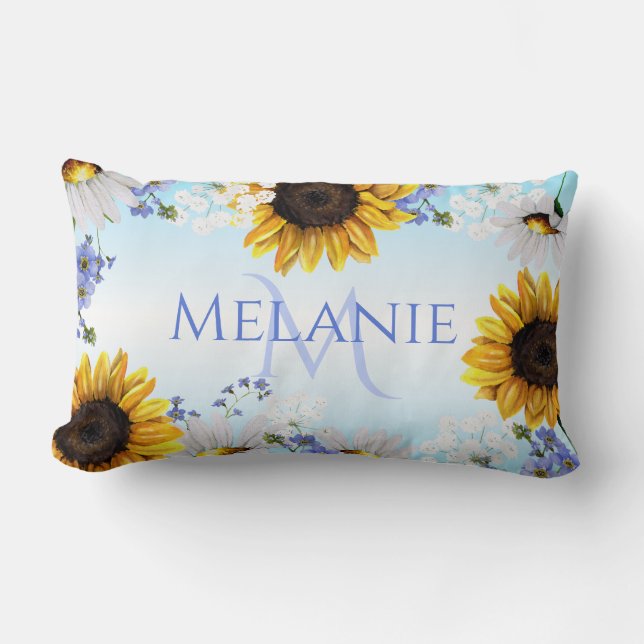 Blue Yellow Sunflower Wildflowers Monogram Lumbar Cushion (Front)