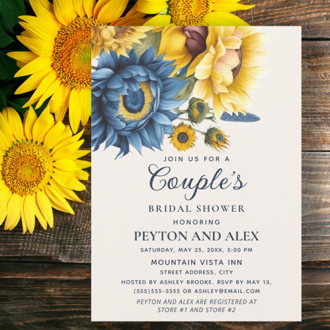 Blue Yellow Sunflowers Couple's Bridal Shower Invitation (Navy blue and yellow sunflowers Couple's bridal shower invitation)