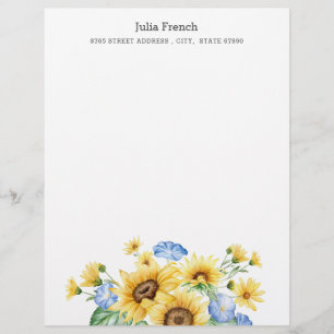 Blue Yellow Sunflowers Summer Personalise Custom Letterhead