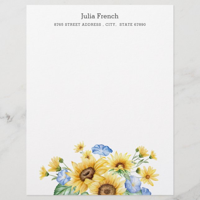 Blue Yellow Sunflowers Summer Personalise  Custom Letterhead (Front)