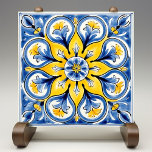 Blue Yellow Sunny Azulejos Elegance Tile<br><div class="desc">Embrace the timeless charm of Mediterranean style with our Sunny Azulejos Elegance Ceramic Tile. Inspired by the classic Portuguese azulejos, this beautifully designed tile captures the essence of traditional craftsmanship through its vibrant yellow and deep blue palette. The intricate floral patterns and the flowing curves echo the artistry of historic...</div>
