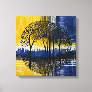 Blue yellow sunset forest Watercolor wall art