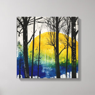 Blue yellow sunset forest Watercolor wall art