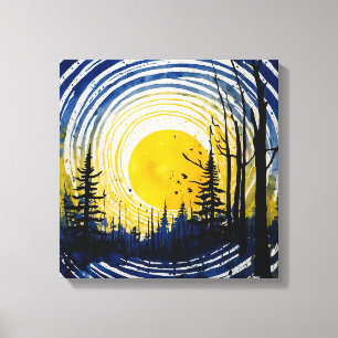 Blue yellow sunset forest Watercolor wall art
