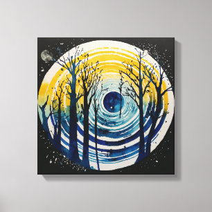 Blue yellow sunset forest Watercolor wall art