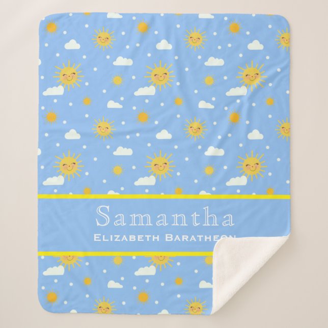 Blue & Yellow Sunshine Sky Personalised Name  Sherpa Blanket (Front)