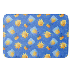 BLUE YELLOW SUNTAN LOTION SUNS SEASHELLS BATH MAT