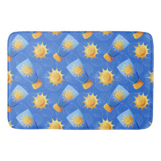BLUE YELLOW SUNTAN LOTION SUNS SEASHELLS BATH MAT
