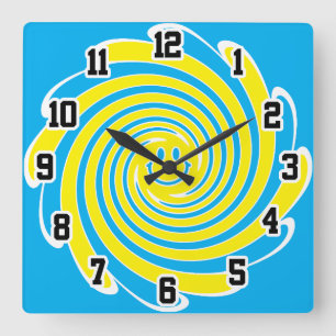 Blue & Yellow Swirl Happy Face Square Wall Clock