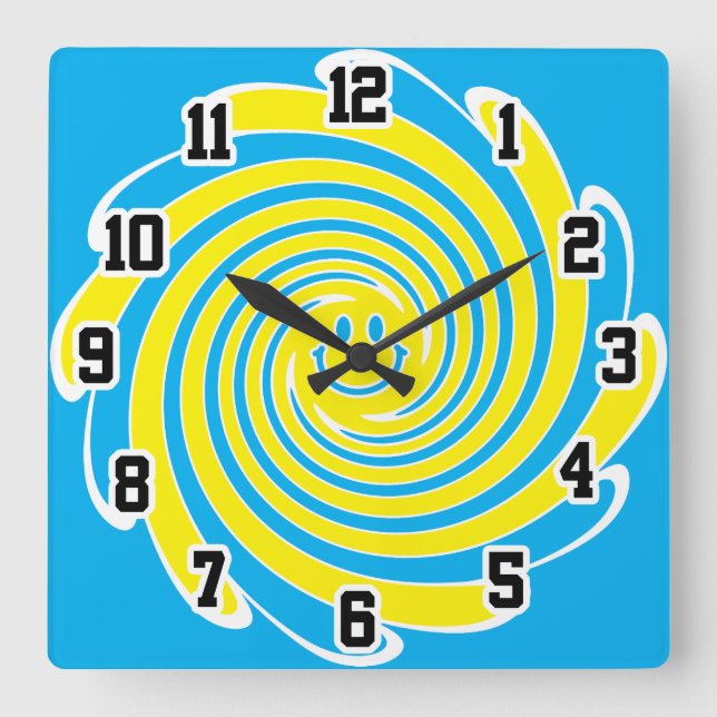 Blue & Yellow Swirl Happy Face Square Wall Clock (Front)