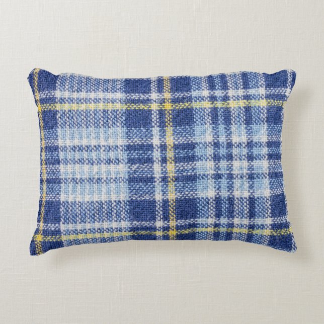Blue Yellow Tartan: Fashionable Plaid Decorative Cushion (Front)