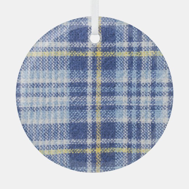 Blue Yellow Tartan: Fashionable Plaid Glass Tree Decoration (Front)