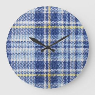 Blue Yellow Tartan: Fashionable Plaid Large Clock