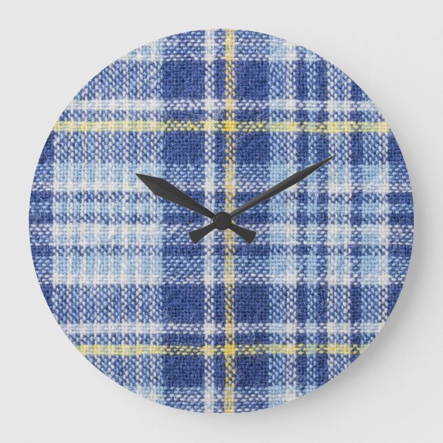 Blue Yellow Tartan: Fashionable Plaid Large Clock (Front)