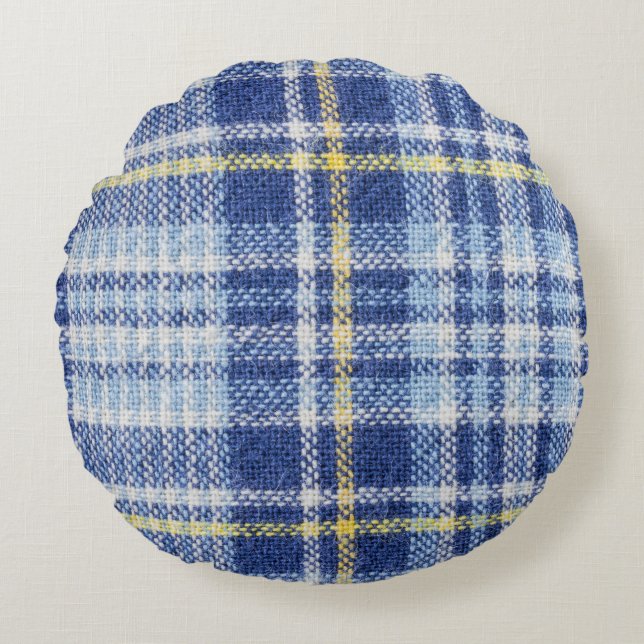Blue Yellow Tartan: Fashionable Plaid Round Cushion (Front)