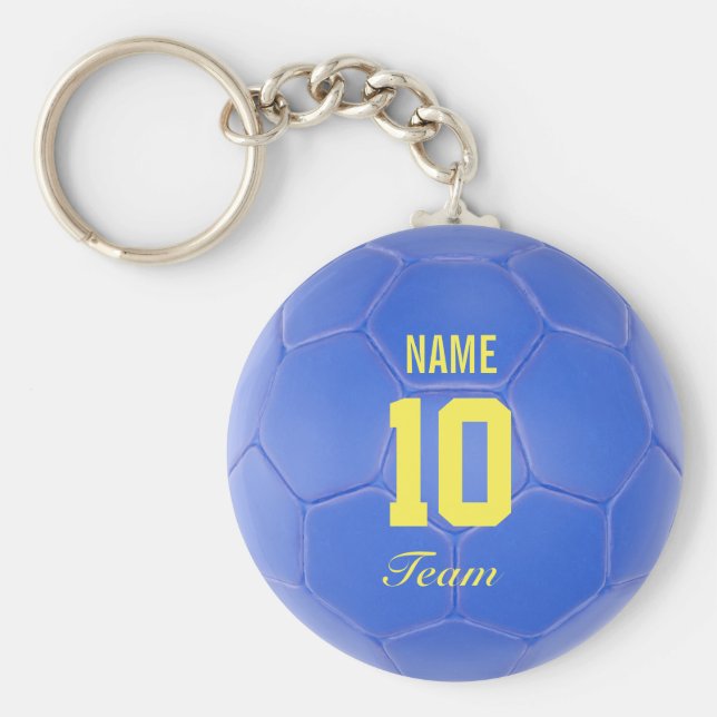 Blue Yellow Team Soccer Ball Personalised Name Key Ring (Front)