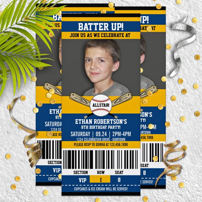 Blue|Yellow Ticket Style Baseball Birthday Party Invitation (Creator Uploaded)
