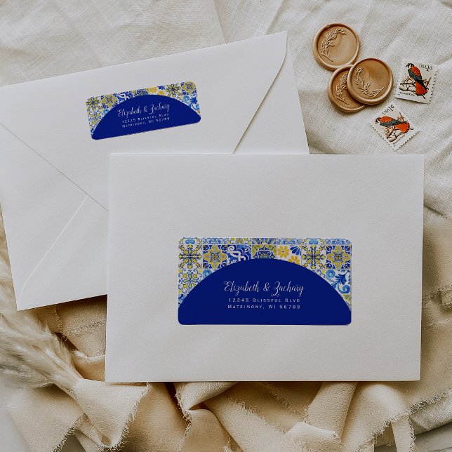 Blue Yellow Tile Arch Wedding Return Address Label (Creator Uploaded)