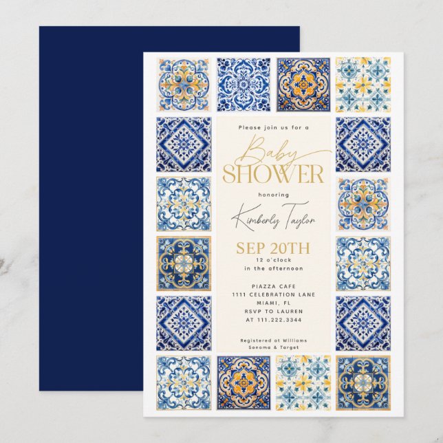 Blue Yellow Tiles Italian Baby Shower Invitation (Front/Back)