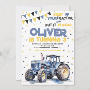 Blue Yellow Tractor Birthday Party Invitation