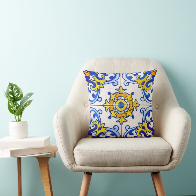 Blue Yellow Traditional Portuguese Azulejo Tile Cushion (Chair)
