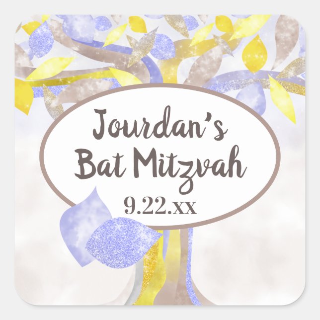 Blue & Yellow Tree of Life Bat Mitzvah Sticker (Front)