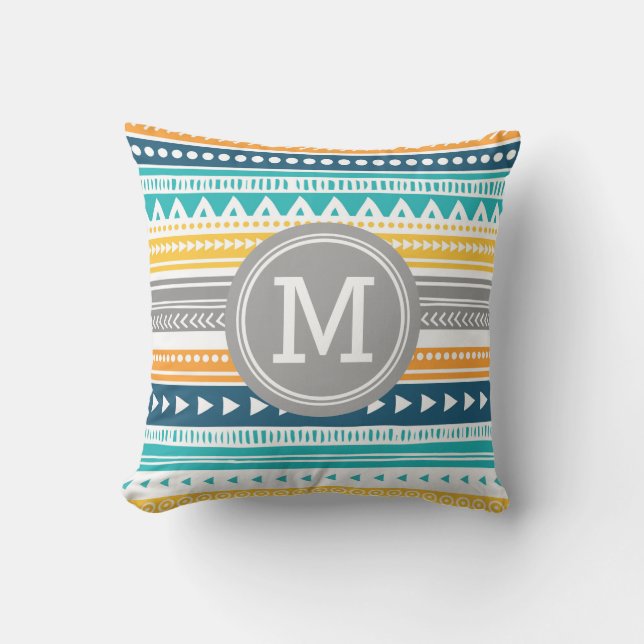 Blue Yellow Tribal Monogram Decorative Pillow (Front)