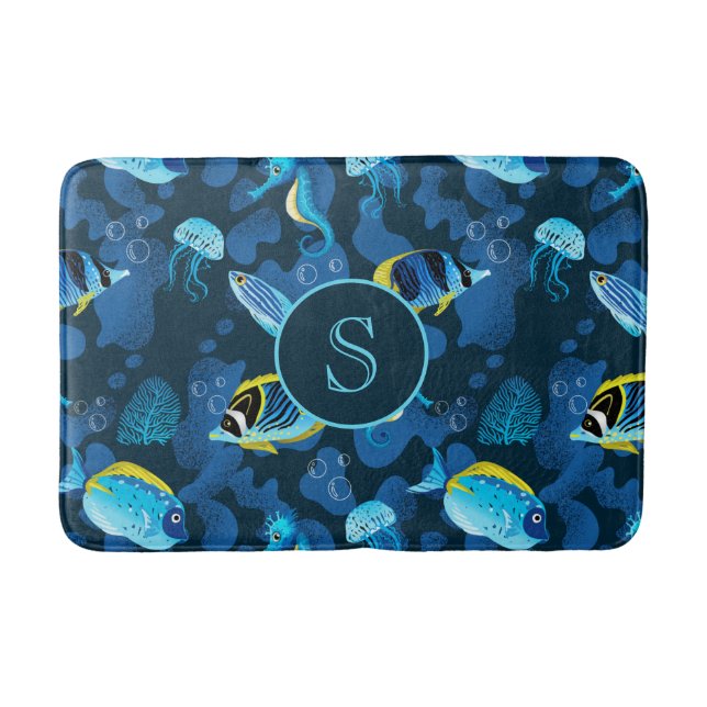 Blue Yellow Tropical Fishes Monogram Illustration Bath Mat (Front)
